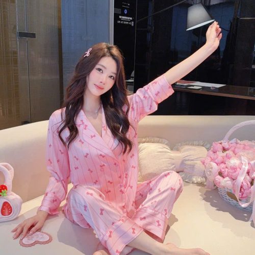 Bộ Pyjama Nơ Sọc Hồng