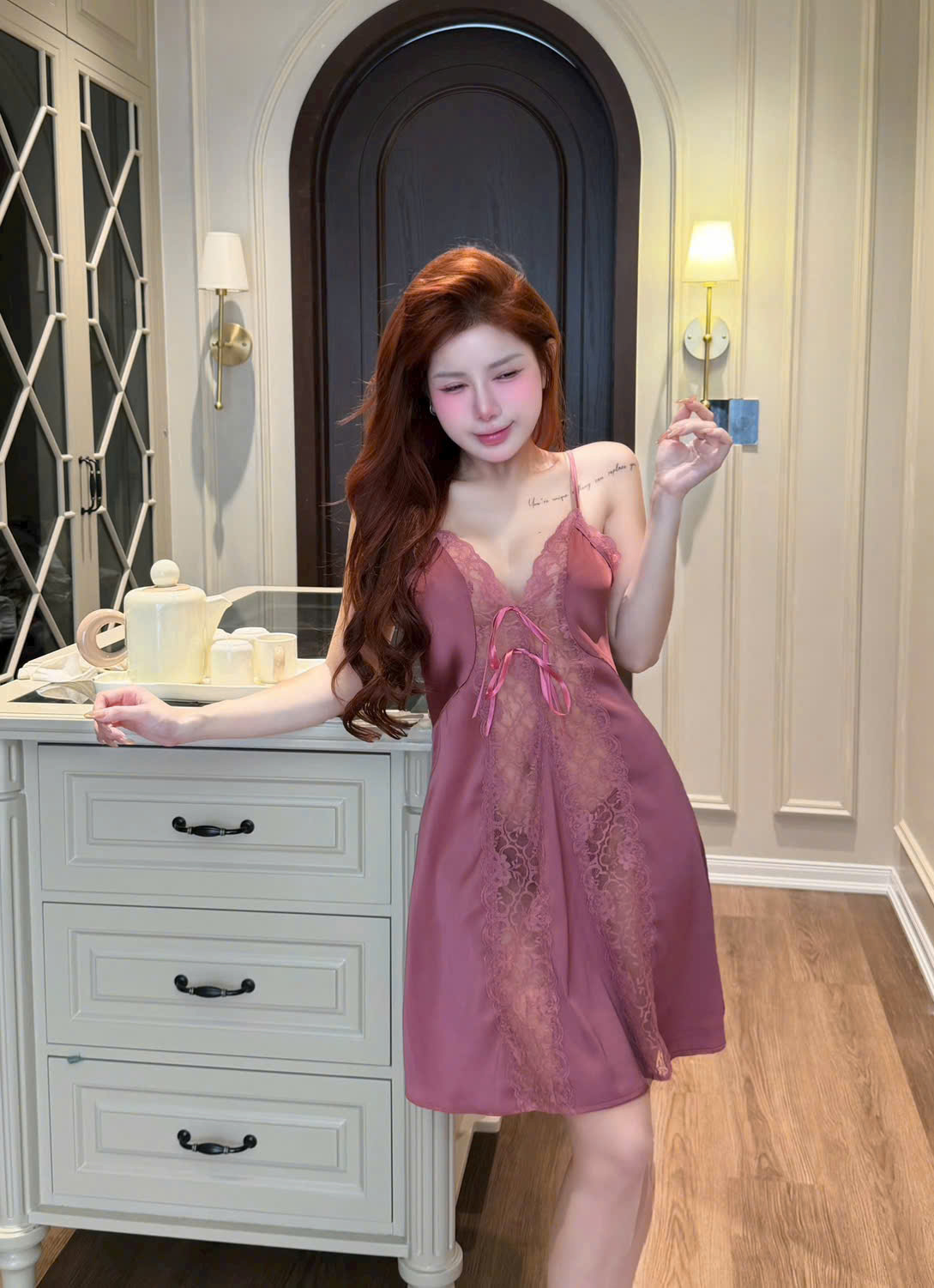 Váy Ngủ Satin Phối Ren Nữ Tính