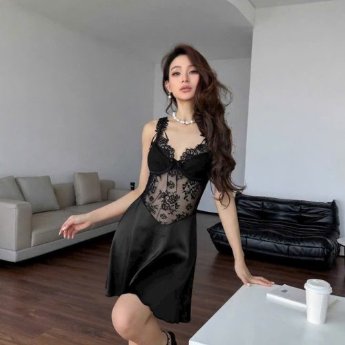 Đầm Ngủ Lụa Dây Nơ Phối Ren
